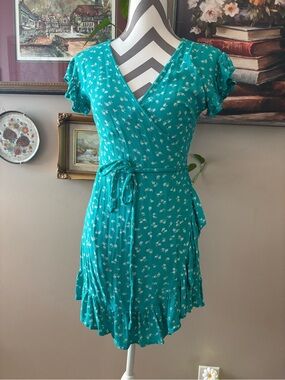 Billabong Teal Floral Wrap Dress with Ruffle Hem